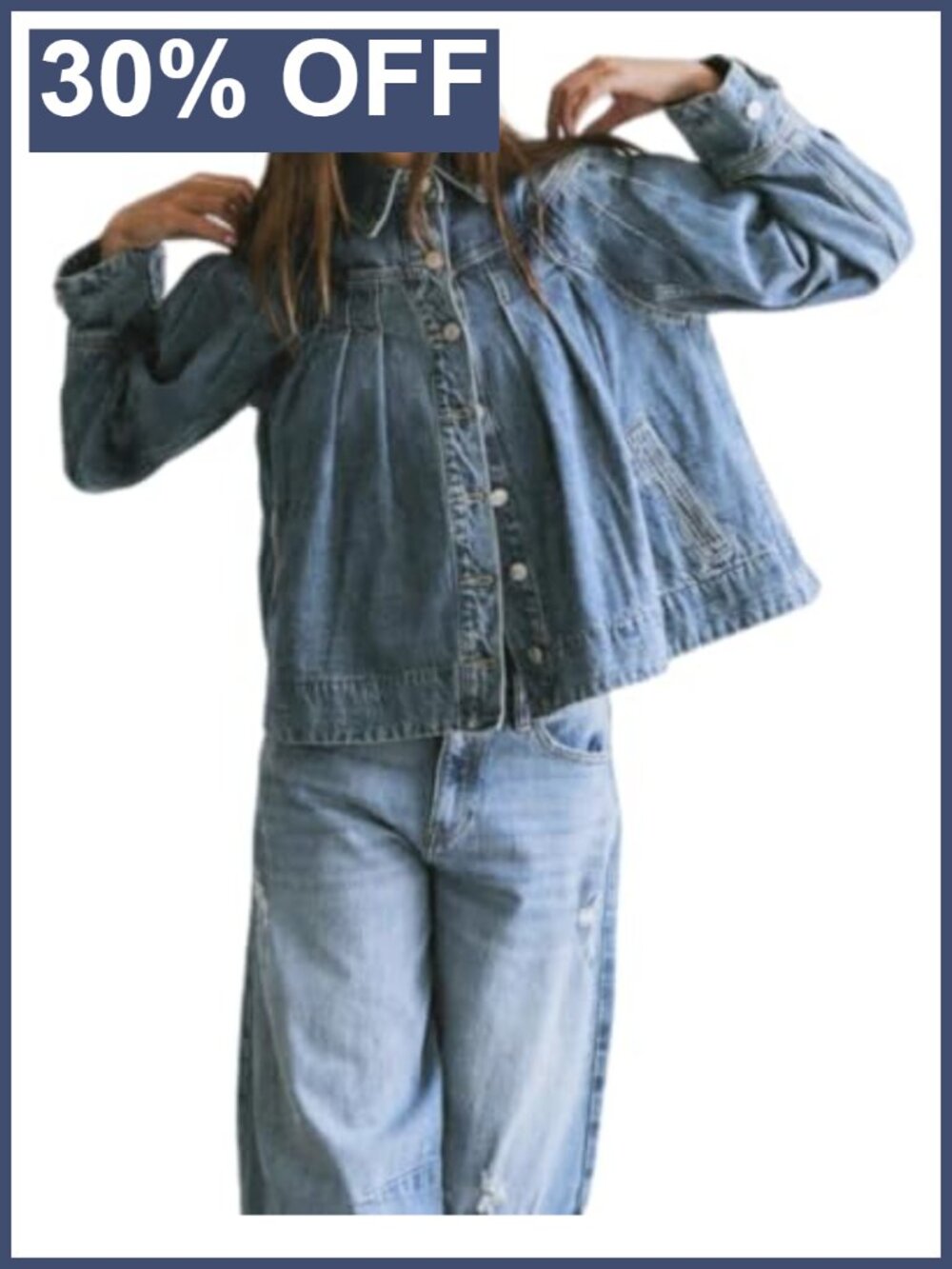 Women's Cropped Denim Jacket Pleated Button Down Long Sleeve Jean Jacket